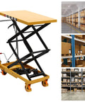 Heavy Duty Hydraulic Scissor Lift Table With Silent Electric Drive Built Like A Tank For Garage Crews Delivering 330 Lbs Of Easy Vertical Lift Up To 45 Inches High in warehouse setting with black and yellow design.