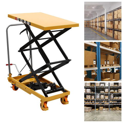 Heavy Duty Hydraulic Scissor Lift Table With Silent Electric Drive Built Like A Tank For Garage Crews Delivering 330 Lbs Of Easy Vertical Lift Up To 45 Inches High in warehouse setting with black and yellow design.