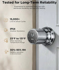 Big Time Smart Door Knobs Deliver Lightning Fast 0.3 Second Fingerprint Login And App Controlled Keyless Entry Automated Deadbolt Lock No Hassle Install For Homes And Rentals close-up image showing brushed nickel finish and functionality details.