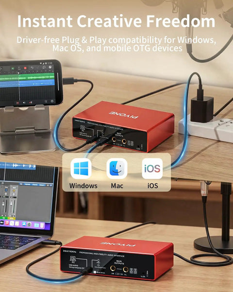 Compact red 2x2 24 Bit 192 KHz audio interface with XLR and TRS combo input, USB-C connection, setup with PC, Mac, iOS.