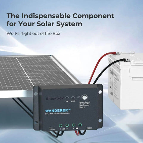 12V 30A PWM Solar Charge Controller with 4 Stage Charging for Lithium Gel and Flooded Batteries, mounted with solar panel and battery