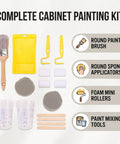 Complete Paint Brush And Roller Set For Furniture And Cabinet Painting Featuring Mini Foam Rollers Mixing Cups And Liners laid out in a kit.