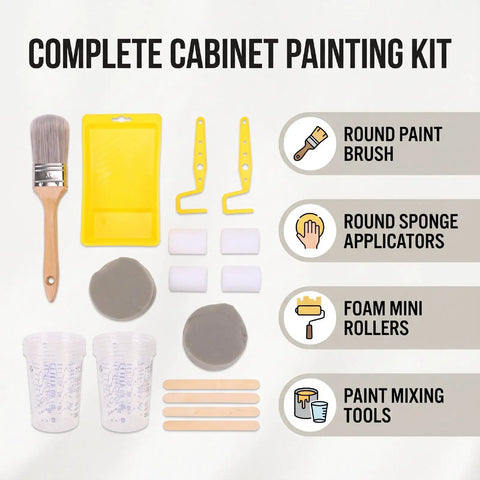 Complete Paint Brush And Roller Set For Furniture And Cabinet Painting Featuring Mini Foam Rollers Mixing Cups And Liners laid out in a kit.