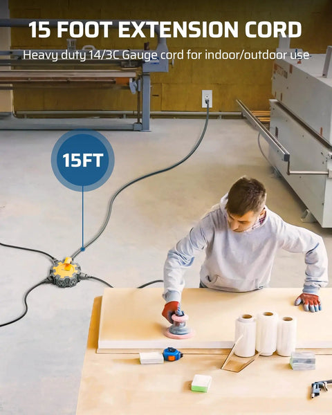 Rock Solid 15 Foot Heavy Duty Extension Cord With Weather Resistant Cover And Six Outlet Power Hub in workshop setting.