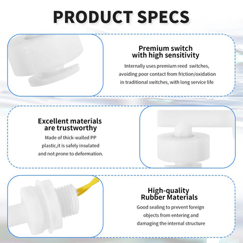 Two Pack Polypropylene Float Switches M10 Thread 55 Mm White For Water Level Sensing And Control In Tanks And Pumps DIY Projects Easy Install Durable And Reliable Relay Required For Safe Operation product specs and close-up thread detail