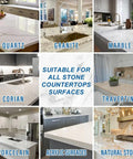 Collage of nine kitchen countertops showcasing quartz, granite, marble, corian, travertine, porcelain, acrylic surfaces, and natural stone.