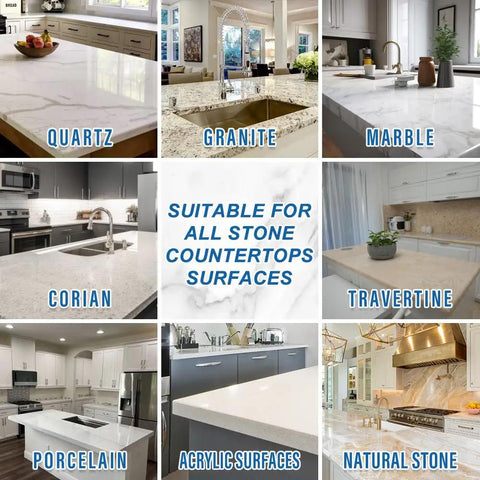 Collage of nine kitchen countertops showcasing quartz, granite, marble, corian, travertine, porcelain, acrylic surfaces, and natural stone.