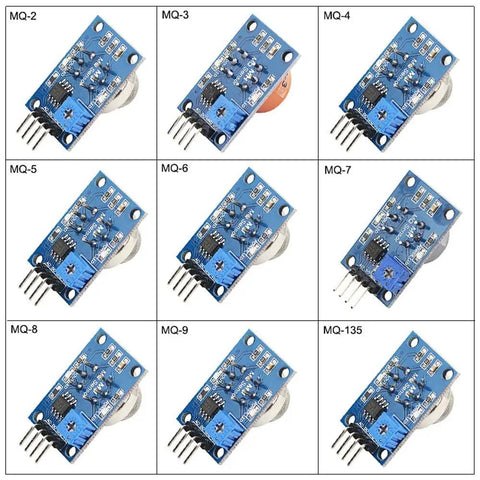 9 In 1 Gas Sensor Modules Kit For DIY Projects Starter Kit With Quick Response Gas Detection Analog Output That Rises With Concentration Indicator Light 5V DC Operation Long Life Sensors For Home Lab And Hobbyists showing 9 MQ sensors