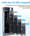 No Fuss Portable M.2 NVMe SATA SSD Enclosure USB 3.2 Type C shows multi-size M.2 SSD compatibility with 2230, 2242, 2260, 2280 drives.