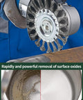 Four Inch Crimped Steel Wire Wheel Brush Compatible With All 4 1/2 Angle Grinders cleaning rust and paint from metal surface