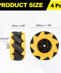 Four Pack Mecanum Wheel Set 48mm Omnidirectional Wheels For Smart Robot Cars And DIY Models Yellow ABS Rubber