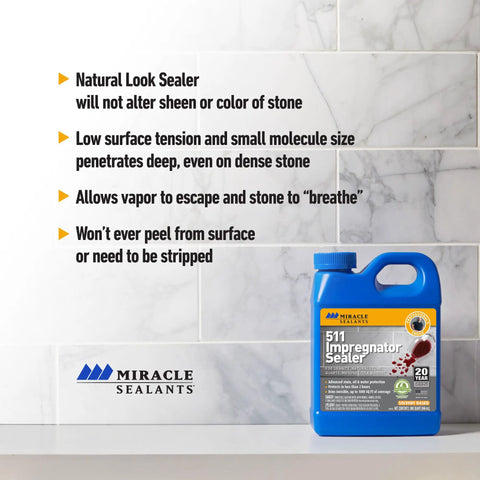 Advanced Penetrating Stone Grout Tile And Countertop Sealer Blocks Water Stains And Slipping Hazards With A No Hassle Tough As Nails Formula Inside A Gallon Jug For Easy Home Upkeep on a marble background.