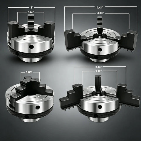 Straight Shooter 3 Inch Wood Lathe Chuck Featuring 4 Reversible Jaws With Self Centering Action For Smooth Woodturning Work Featuring 1 X 8 TPI Mount and detailed measurements.