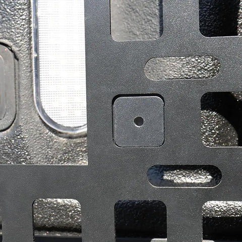 Close-up of Molle Panel Mounting Bracket Base 4 Pack Matte Black Powder Coated Steel for secure gear mounting.