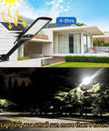 JUDYSSY 80W Led Solar Street Lights Outdoor mounted on a house, showcasing solar panel and nighttime illumination.