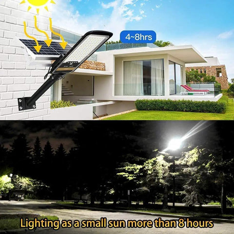 JUDYSSY 80W Led Solar Street Lights Outdoor mounted on a house, showcasing solar panel and nighttime illumination.