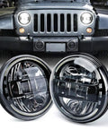 7 Inch LED Round Headlights for Jeep Wrangler JK front view with Halo Ring and DOT Approved high low beam.