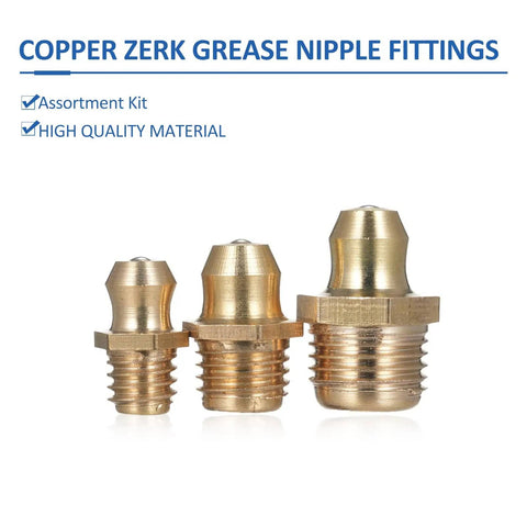 Copper Zerk Grease Nipple Fittings Kit in M6, M8, M10 sizes, showing copper body with stainless steel and internal spring