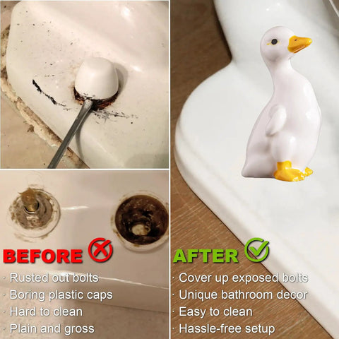 Duck Themed Toilet Bolt Covers Set Ceramic Duck Screw Caps installed on toilet showing before and after comparison of bolt covers.