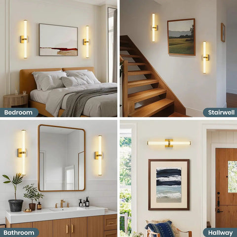 Variety of modern light fixtures in bedroom, stairwell, bathroom, and hallway, including Gold Modern LED Chandelier Flush Mount With 4 Light Hanging Pendant Lighting Dining Room Kitchen Island Staircase Bedroom Living Room Easy Install 4000K Warm White Illumination Wow Worthy Centerpiece.