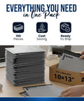 10x13 Poly Mailers 100 Pack Waterproof Self Seal Shipping Bags stacked on desk for clothes, books, accessories