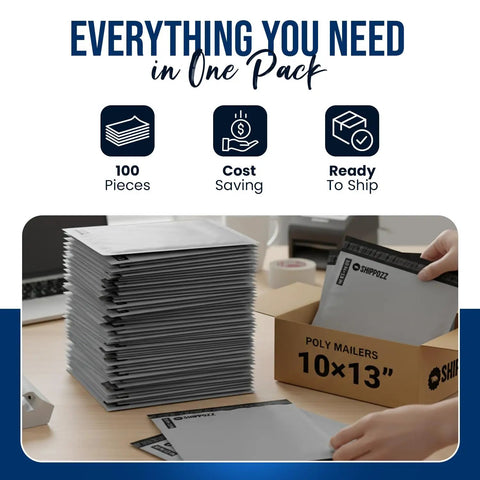 10x13 Poly Mailers 100 Pack Waterproof Self Seal Shipping Bags stacked on desk for clothes, books, accessories