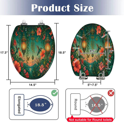 Elongated Tropical Garden Lanterns Vibrant Flowers Sunset Toilet Seat with dimensions and sturdy resin construction.