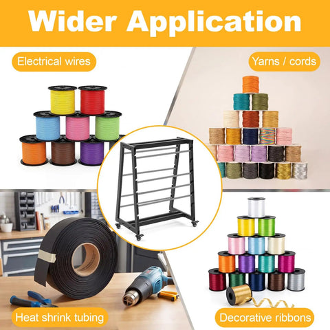 Heavy Duty 8 Rod Wire Spool Rack With Easy Glide Locking Casters And Solid As A Rock 400 Lb Capacity Adjustable Stainless Steel Cable Dispenser Mobile Cart with various spools and tools.