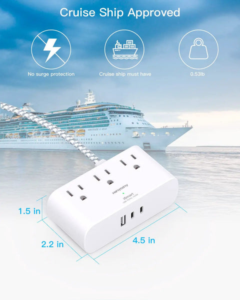Flat Plug Power Strip Six Feet Ultra Thin Flat Extension Cord With Three Outlets And Three USB Ports Including Two USB C