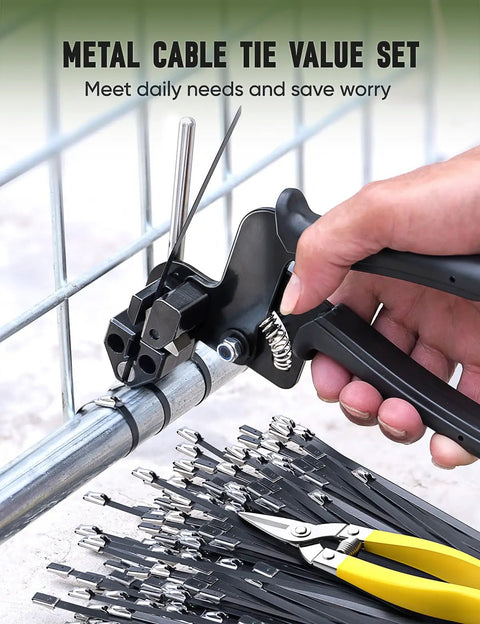 Person using Heavy Duty Stainless Steel Zip Ties Kit With Quick Cutter Tool 150 Pcs 11.8 Inch Multi Purpose Fence Fixing And Pipe Tying