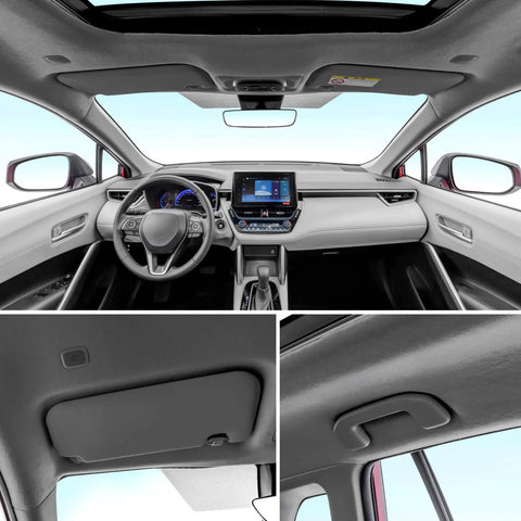 Automotive headliner fabric; gray ultra-fine velvet with foam backing, 54 in × 60 in, front cabin view.