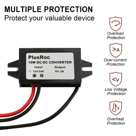 Waterproof 12V and 24V to 5V DC Converter With USB C Output 3A Max High Efficiency Up To 96 Percent shown with protection features