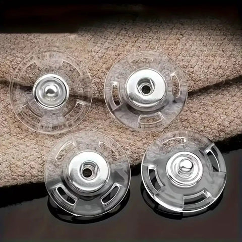 Ultra Clear Invisible Snap Buttons Straight Up Hidden Fasteners on fabric, 4 clear plastic closures with silver centers.