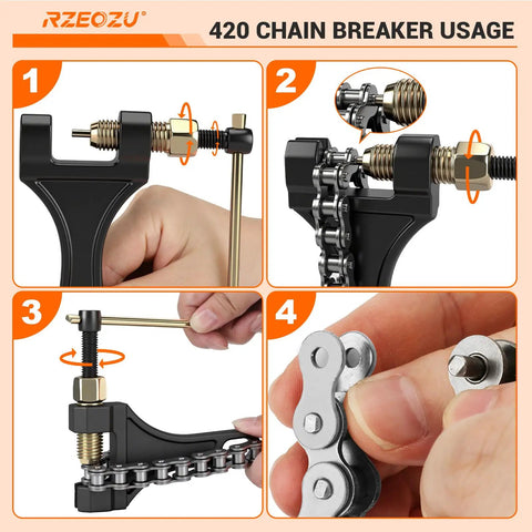Steps to use chain breaker tool for Mini Bike 420 Chain Kit Silver Drive Chain With 42 Link Front Chain And 90 Link Rear Chain For Coleman