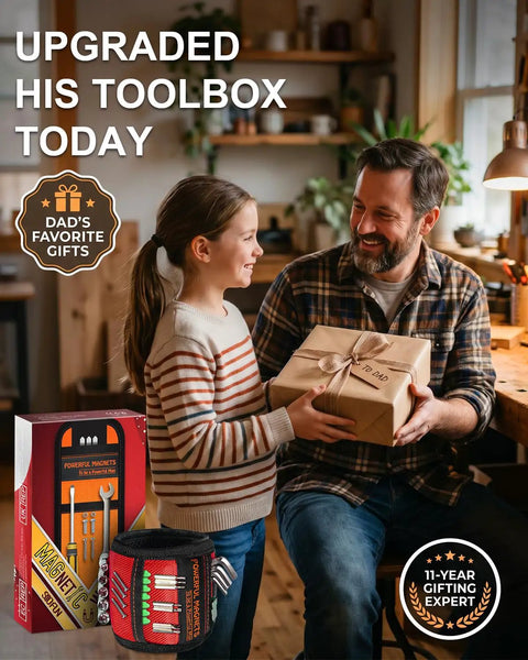 Father receiving Magnetic Wristband For Men Tools Holder Hands Free Belt Magnet Wrist Band Keeps Screws Nails Small Parts In Reach Perfect Fathers Day Gift For Dad Husband Grandpa Brother DIY Enthusiasts from daughter.