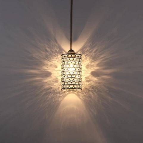 Three Pack Crystal Pendant Lights With Brushed Nickel Finish Modern Polyhedral Opal Shade For Dining Room Hallway And Living Room E26 Base LED Compatible Hardwired Ceiling Fixture Bulb Not Included glowing in a dark room.