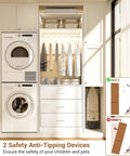 White Freestanding Closet System With 4 Motion Sensor Led Lights Modular Wardrobe Organizer with laundry setup and anti-tipping devices.