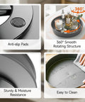 Detail view of Heavy Duty Metal Lazy Susan Turntable Organizer With Slick Gunmetal Finish showing anti-slip pads and easy clean surface.