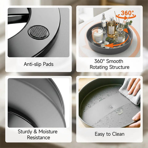 Detail view of Heavy Duty Metal Lazy Susan Turntable Organizer With Slick Gunmetal Finish showing anti-slip pads and easy clean surface.
