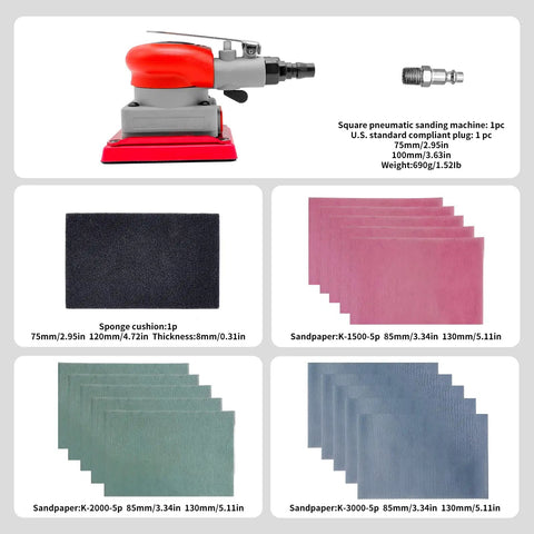 Pneumatic Palm Sander Kit With Random Orbital Action For Auto Body, Car Waxing And Woodworking with sanding pad and 15 sandpapers