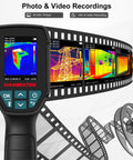 Thermal Imager With TISR 240 By 240 For Pro Grade Sharper Detail 96 By 96 VOx Sensor displaying colorful thermal images and film reel background
