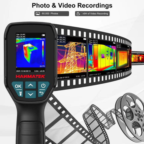 Thermal Imager With TISR 240 By 240 For Pro Grade Sharper Detail 96 By 96 VOx Sensor displaying colorful thermal images and film reel background