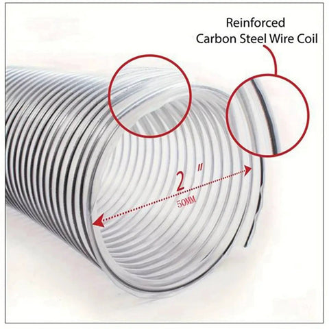 Rugged 2 Inch OD Clear Dust Collection Hose With Anti Static Wrap And Reinforced Body For Shop Vacs and Garage Mods shows reinforced wire coil design.