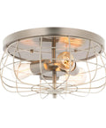 Industrial Three Light Metal Cage Flush Mount Ceiling Light In Brushed Nickel Vintage Farmhouse Style, close-up view