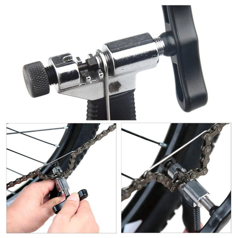 Oumers bike chain tool with chrome body and black handle; for breaking and installing bicycle chains on road or mountain bikes.