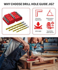 30 45 90 Degree Angle Drill Guide Jig for Hand Drill, shown with drill bits and diagram detailing features, used on wood.