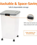 Airtight Pet Food Storage Container With Scoop Big 69 Quart Capacity For Dry Dog Food Cat Kibble And Bird Seed BPA Free FDA Grade Materials Removable Wheels Gray with snap lock latches and wheels as shown in image
