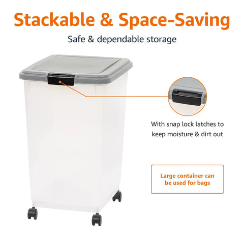 Airtight Pet Food Storage Container With Scoop Big 69 Quart Capacity For Dry Dog Food Cat Kibble And Bird Seed BPA Free FDA Grade Materials Removable Wheels Gray with snap lock latches and wheels as shown in image