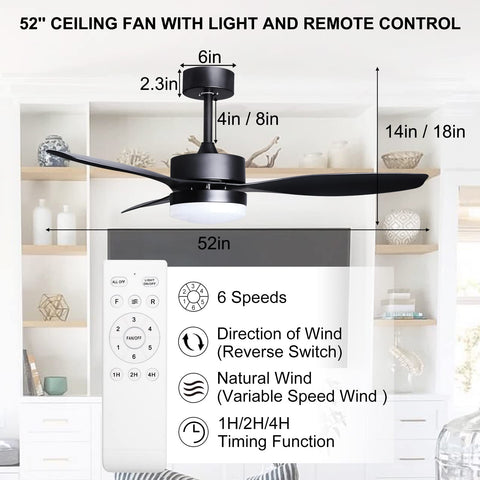 52 Inch Ceiling Fan With Remote And Light For Indoors Or Outdoors Black Ceiling Fan Light For Patio Kitchen Bedroom Nursery