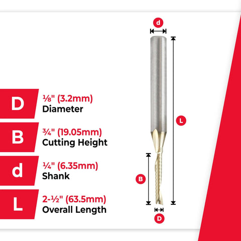 ZrN Coated CNC Solid Carbide Spiral O Flute Up Cut Router Bit For Aluminum Cutting One Eighth Inch Diameter One Quarter Inch Shank